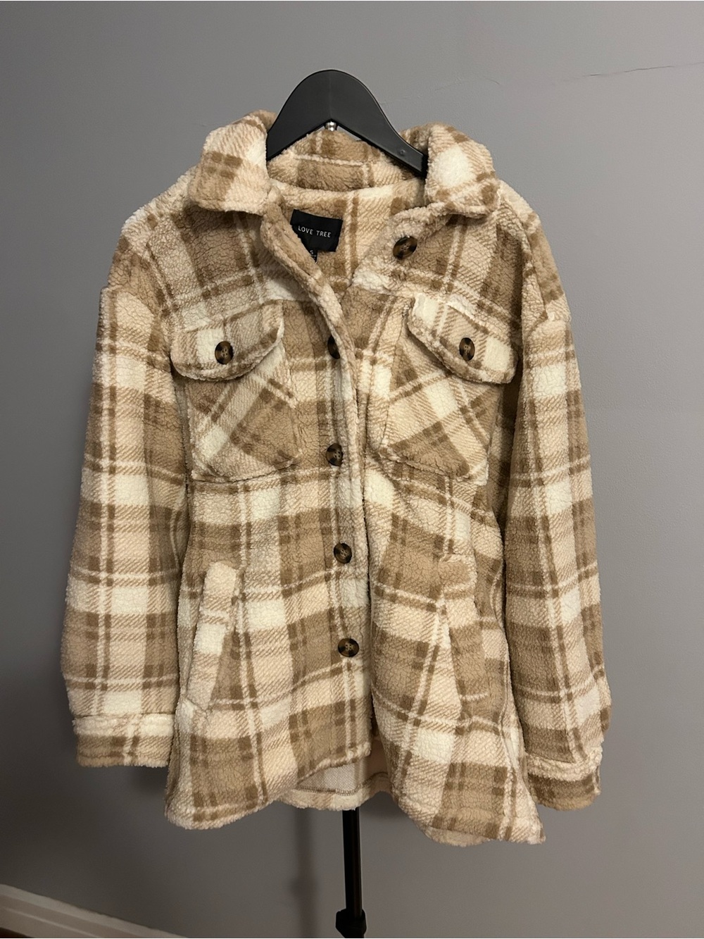 Love Tree Tan & Cream Plaid Teddy Shacket Jacket